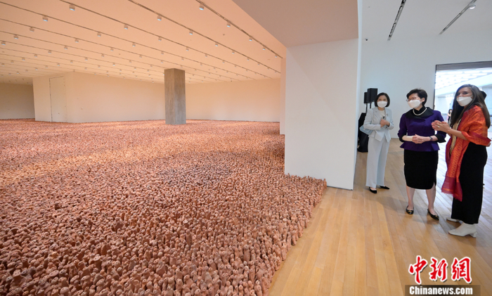 香港特区行政长官林郑月娥（中）参观M+博物馆“安东尼·葛姆雷：亚洲土地”展览。香港特区政府新闻处供图