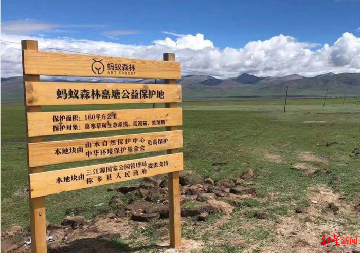 ▲蚂蚁森林公益保护项目在嘉塘草原上的标牌