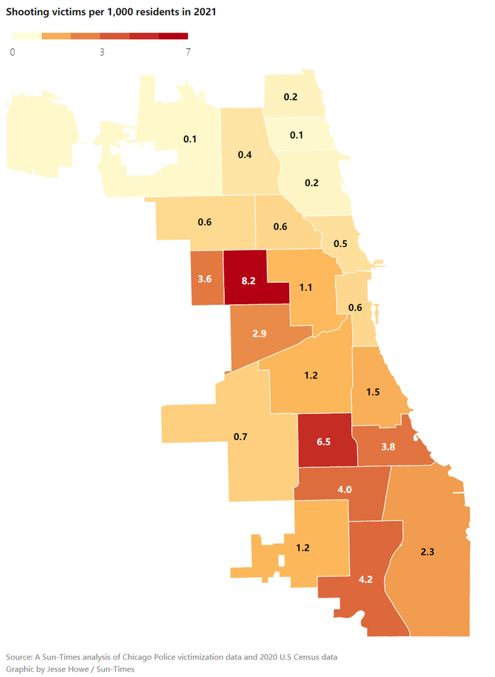 ↑芝加哥枪击案分布警区，颜色越深，案件越多。