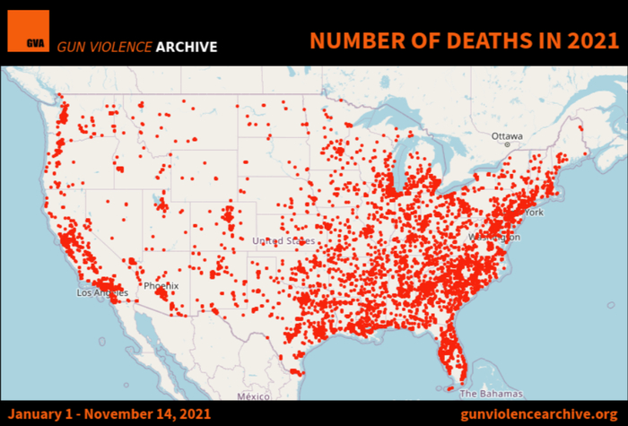 ↑2021年全美枪支暴力致死案分布。