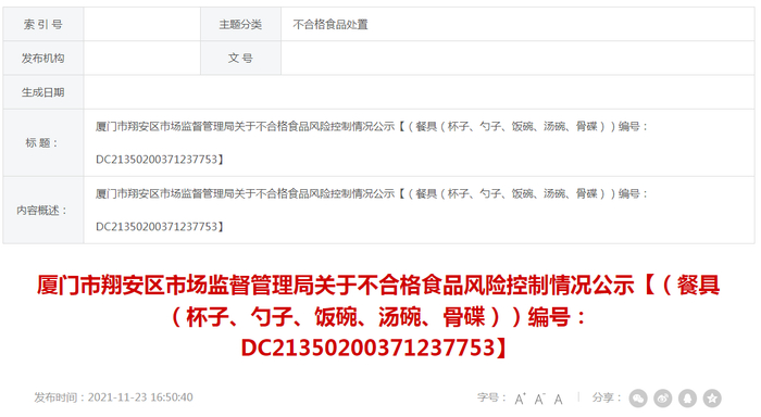 不合格餐具（杯子、勺子、饭碗、汤碗、骨碟）风险控制情况公示