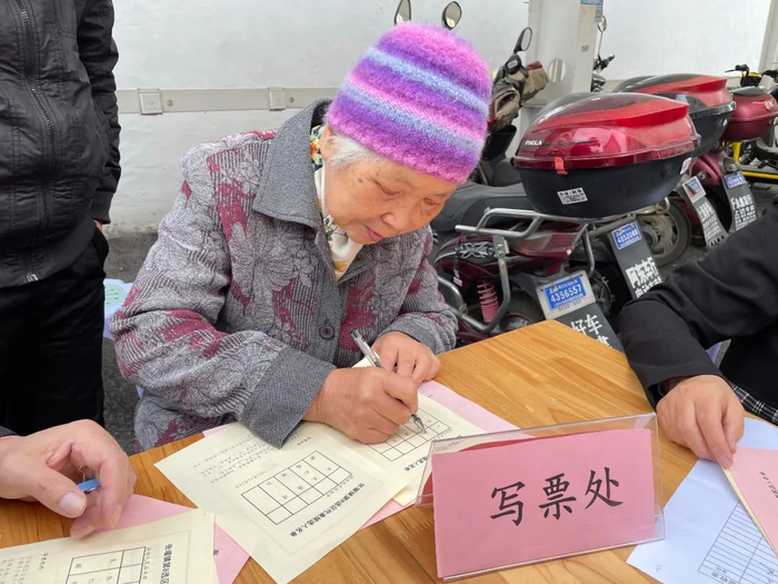 由于腿脚不便，袁功釪委托妻子王瑞芝代他进行选举投票。（作者供图）