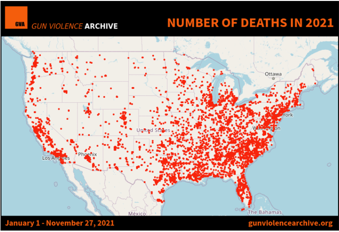 美国2021年死于枪击的人数分布（图源：GVA）