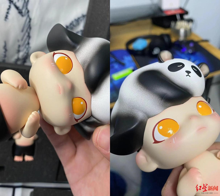 △刘钧第一次抽到的“DIMOO熊猫”（左图）和返厂后收到的（右图），嘴唇的上色完整了但是头部多了一处凹陷，眼睛部分也不相同