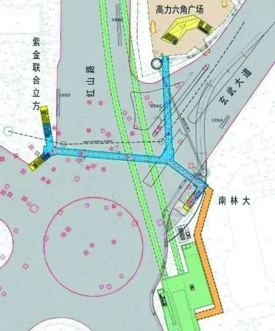 新庄立交人行过街通道示意图（蓝线为建设位置，橙线为预留位置）。建管集团供图