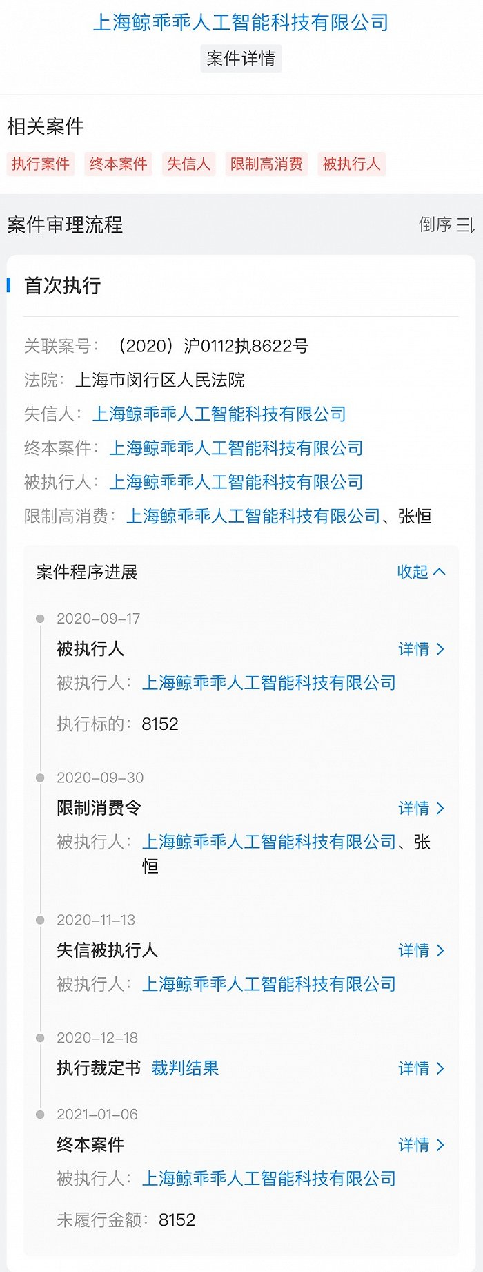 上海鲸乖乖人工智能科技有限公司牵涉案件情况 图片来源：天眼查