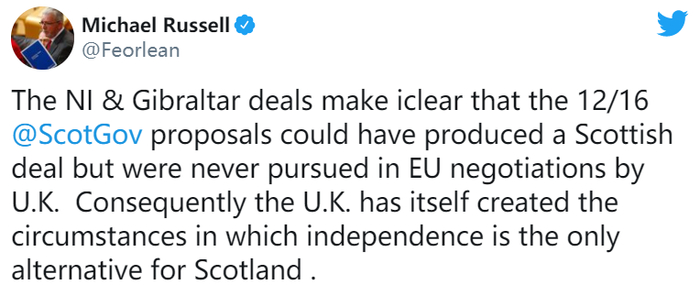 △苏格兰宪法秘书麦克·罗素（Mike Russell）在其个人社交账号上发表声明，强调“是英国政府自己令独立成为苏格兰的唯一选择”。