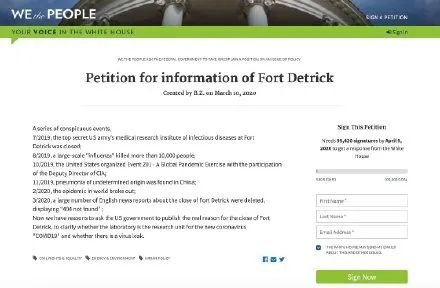 　　有组织在白宫请愿网站上发布了一条请愿帖，要求美国政府公开德特里克堡关闭的真正原因，并且说明是否存在新冠病毒泄露问题。