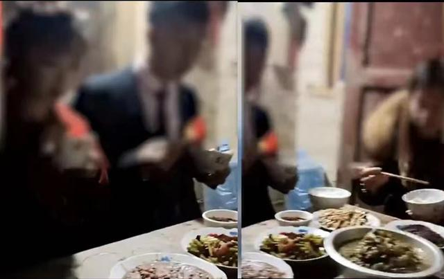 该对新郎新娘的结婚婚宴菜品环境较为简朴，引起网友议论。图/视频上传者社交平台截图