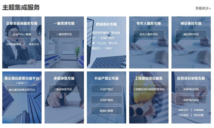 图为广西政府门户网站办事服务栏目主题集成服务部分专题