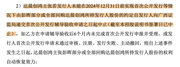 图|光隆科技招股书关于对赌协议恢复条件的描述