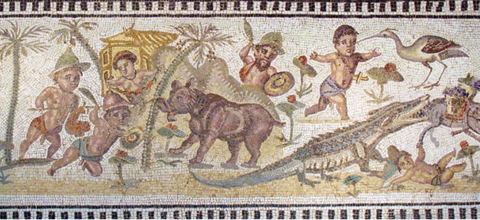 《尼罗河畔的俾格米人》（局部）3世纪中期，镶嵌画；大都会博物馆，纽约