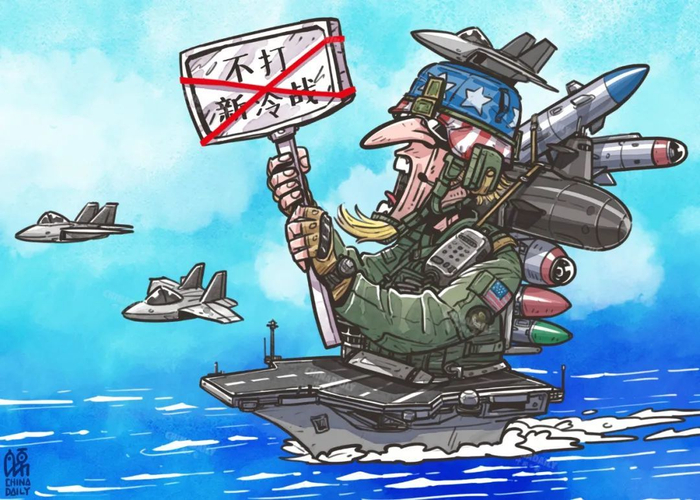 ▲ 美国不断“过航”台湾海峡，言必称维护南海“航行自由”，这不过是美国先进军机军舰在南海耀武扬威、寻衅滋事的“横行自由”罢了。（漫画 ｜ 蔡艨）