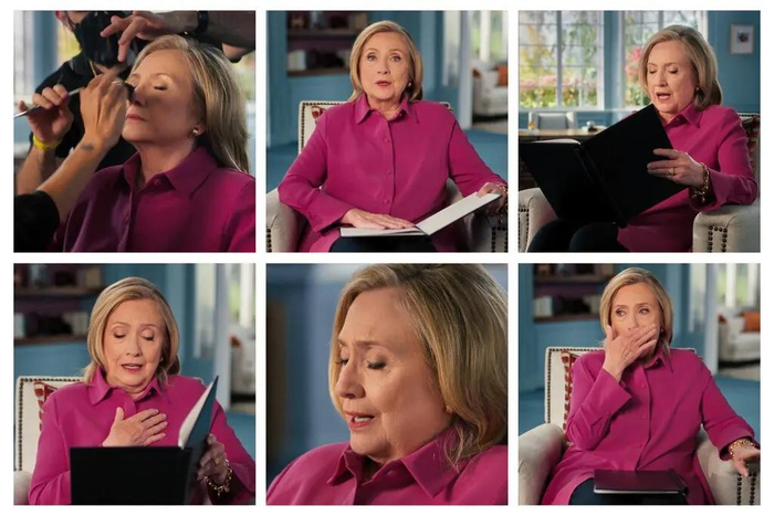 ↑为了“卖课”，希拉里在预告中朗读了自己为2016年总统大选准备的获胜演讲，还一度哽咽落泪。