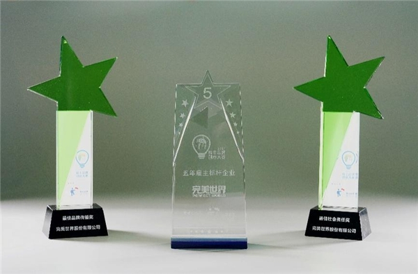 图为完美世界斩获“最佳品牌传播奖”、“最佳社会责任奖”及“五年雇主标杆企业”奖项。