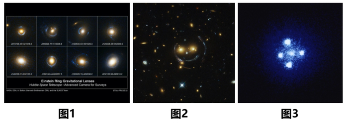 图1、图2：引力透镜“绘制”的爱因斯坦圆环与宇宙大笑脸。