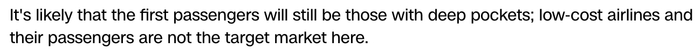 △负责人表示，第一批旅客目标市场是富人群体，低成本航空公司及其乘客不会成为目标市场。（图片来自CNN）