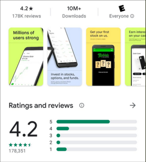 当地时间29日下午3点35分，罗宾汉在Google Play上的评分截图