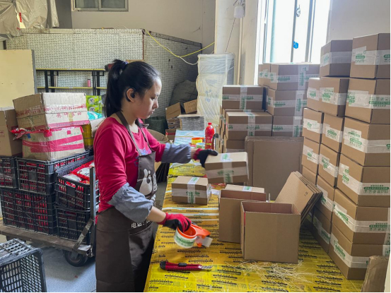 图说：林咸乐线面厂的工人正在包装，一个个包裹将福州线面发往全国各地