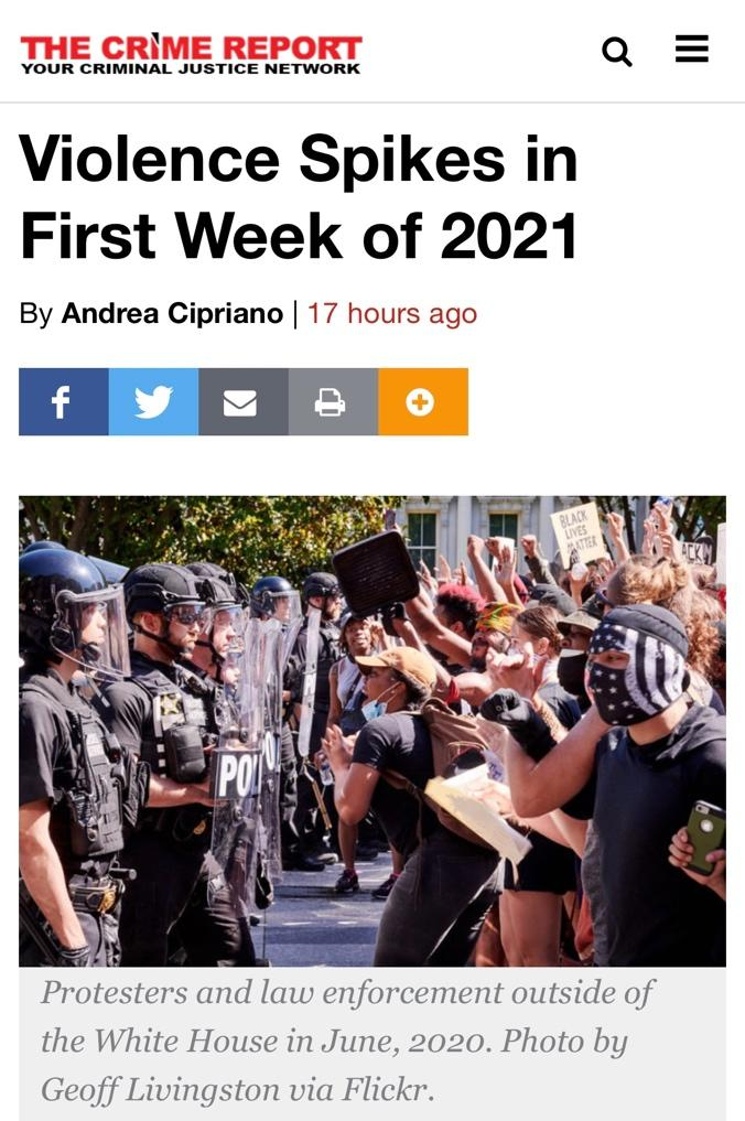 △美国犯罪报告网报道，2021年第一周，美国暴力案件激增