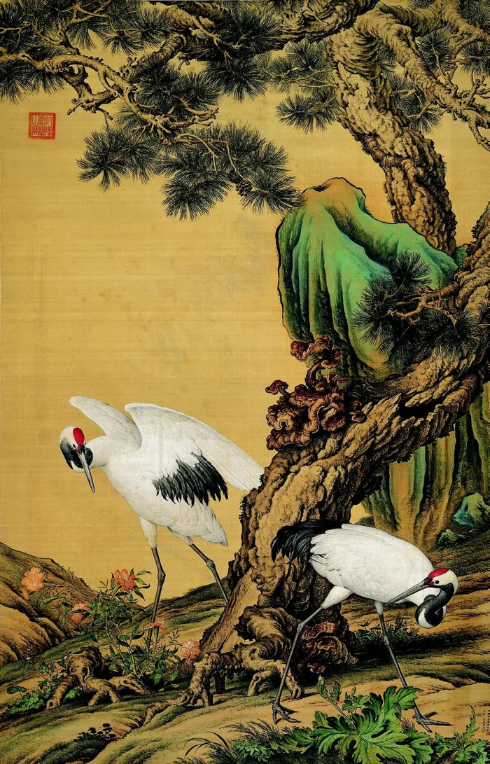 清郎世宁、唐岱合绘 《设色松鹤图》轴