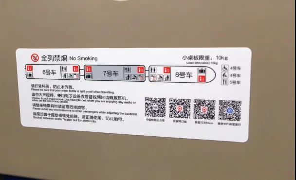  △座椅小桌板全新升级，车厢饮水处、垃圾桶、洗手池和洗手间等位置一目了然。手机扫一扫，买票、订餐一气呵成。
