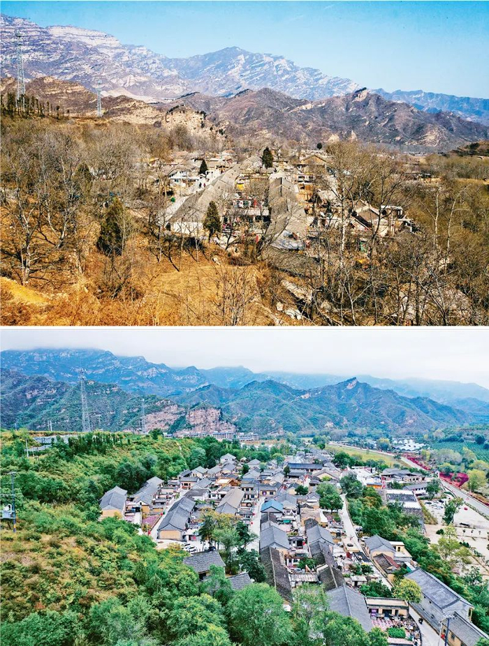 上图为脱贫前的阜平县顾家台村村貌（2013年2月23日摄），下图为脱贫后的顾家台村新貌（2019年10月5日摄）。 人民图片 罗大庆/摄