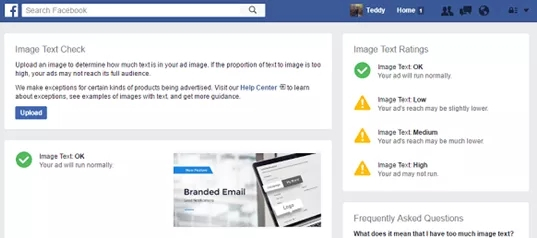 图注：Facebook 检测工具，确保广告图片满足文字比例低于 20% 这一条件（来源：Instapage ）