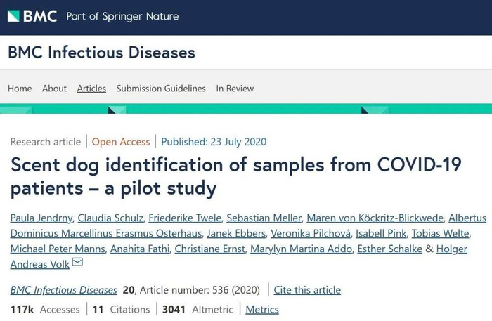 使用检测犬鉴定新冠患者样本的初步研究，图源：BMC Infectious Diseases