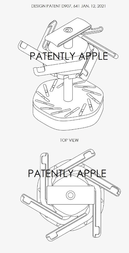 如图可以清楚地看到的，在支架底部有插槽，以容纳14个立式相机，与上文专利图3和4十分相似。该设计专利说明了如何在横屏模式下将6个额外的相机放在单元的顶部。