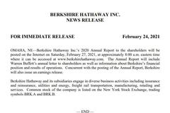 伯克希尔哈撒韦将于2月27日发布年度业绩及巴菲特股东信