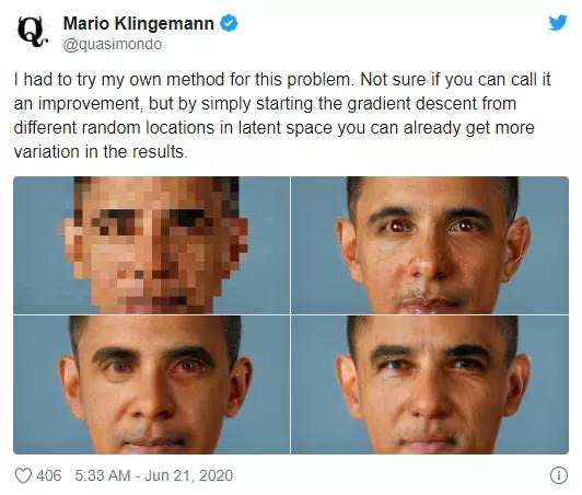 图：AI艺术家Mario Klingemann利用StyleGAN将低分辨率奥巴马的照片生成非白人特征的图像