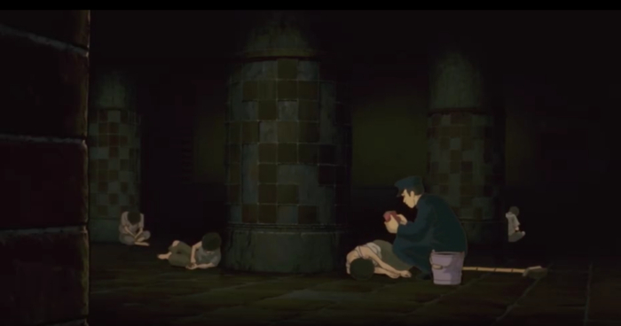 《萤火虫之墓》开场，清洁人员发现清太怀中的糖果罐