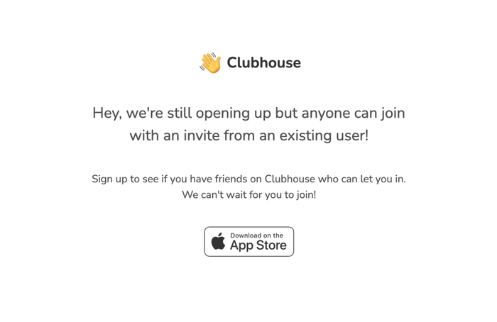 △ 别怀疑，Clubhouse 的官方网站真就这么简单。emoji 👋是他们的标志兼 Twitter 头像。图片来源 | joinclubhouse.com