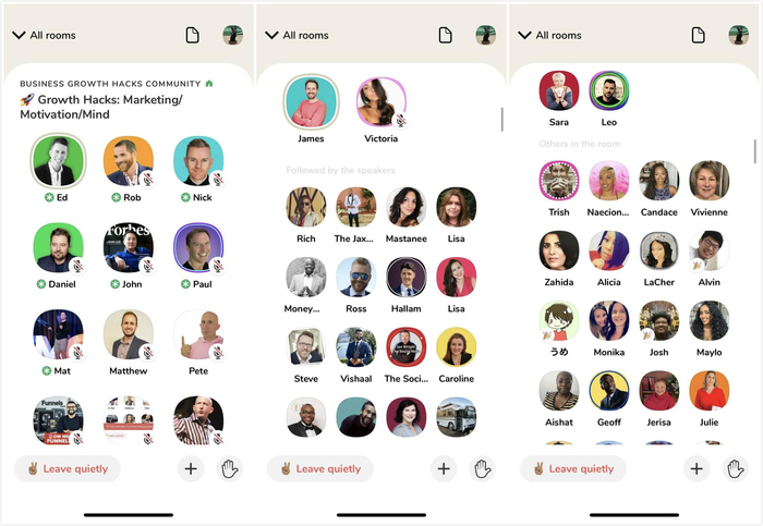 △ 以这个“商业增长黑客”社群里的房间“增长黑客：市场/激励/心境”为例，你也可以举手发言，邀请朋友加入这个 room，或者安静离开。图片提供 | 赵慧