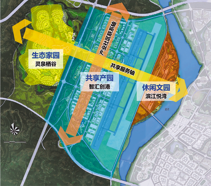 通航产业片区将按照“两轴三园”的空间结构进行规划建设