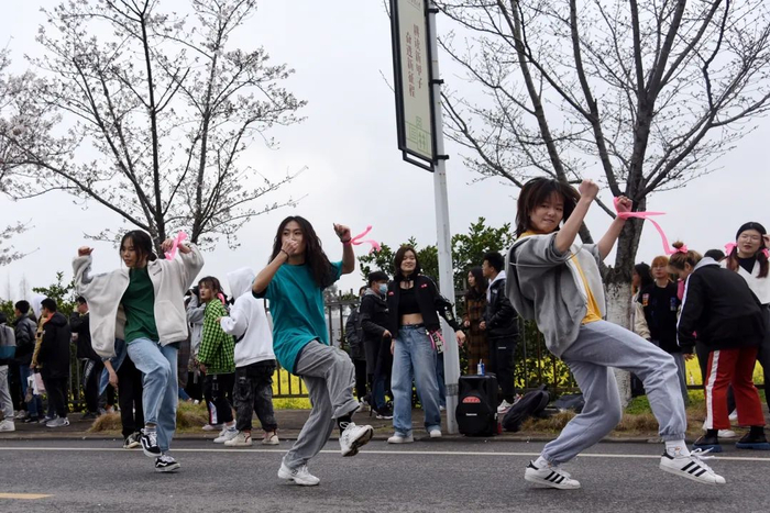 留学生在樱花树下起舞（邓颖骏 摄）