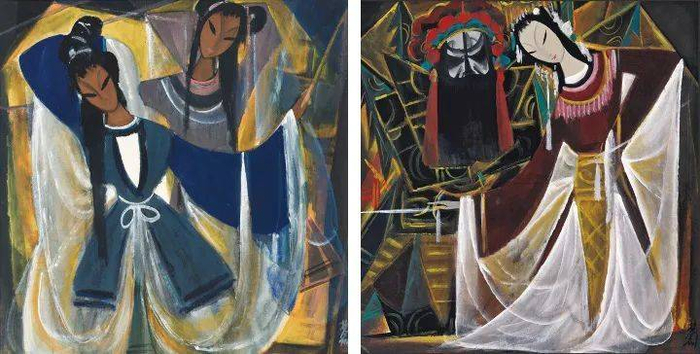 林风眠约1950年代作《京剧人物-白蛇传/霸王别姬》