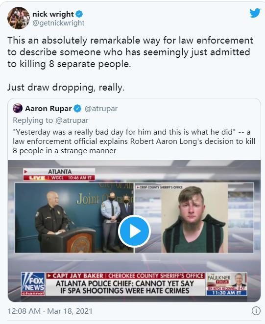 ↑警方称“嫌犯过了糟糕的一天”引发众怒 截图自推特