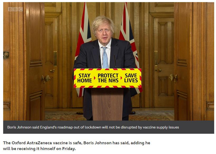 △约翰逊在18日疫情发布会上表示将于次日接种阿斯利康疫苗