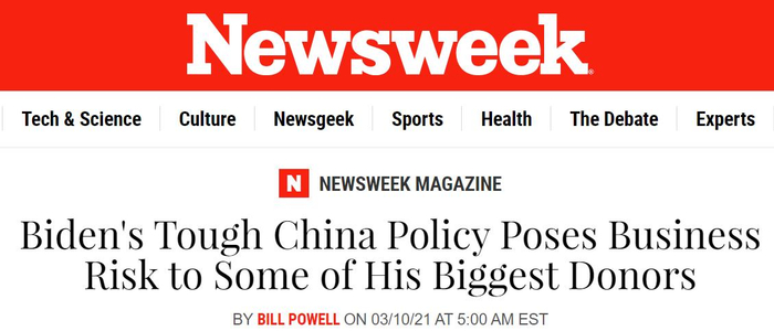 △3月10日，美国《新闻周刊》发表《拜登强硬对华政策可能影响他一些大金主的生意》文章。