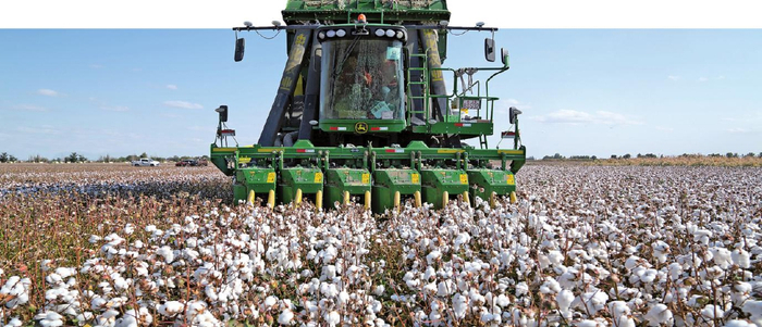  在新疆生产建设兵团第六师芳草湖农场，打包采棉机正在采摘棉花（摄于2020年9月25日）。 □尹通元摄 