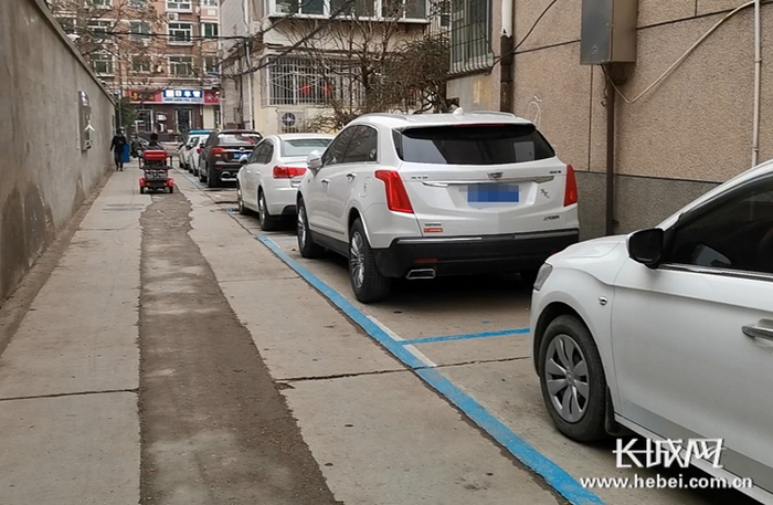新华区市公安局宿舍，小区唯一的出入通道一侧停满了私家车。长城网记者 周黎燕 摄