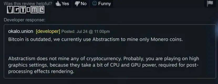 《抽象主义》属于自己作死，开发者曾经还在Steam社区承认游戏挖矿