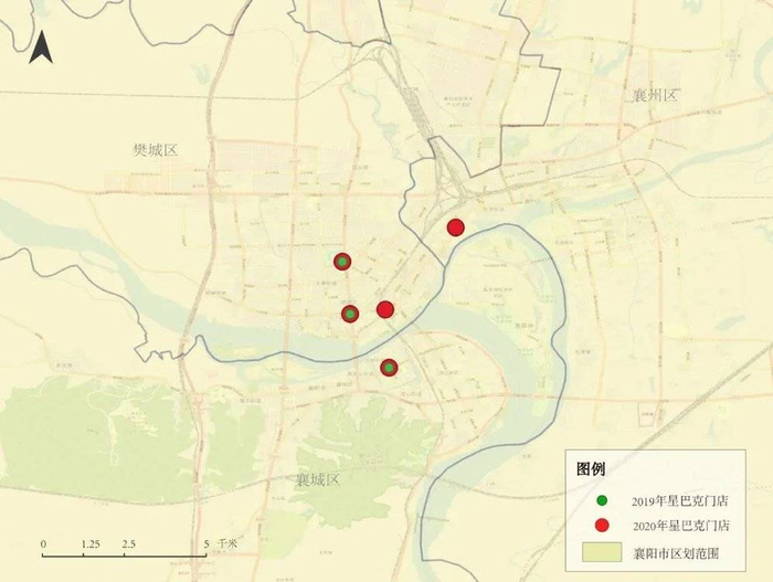 ◎ 2019年与2020年统计的襄阳星巴克门店分布情况 数据来源/赢在选址 制图/赢商云智库