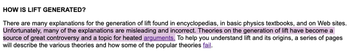 NASA指出，升力的产生存在巨大的争议，许多教科书的解释是错的。图片来源：www.grc.nasa.gov/WWW/k-12/airplane/lift1.html