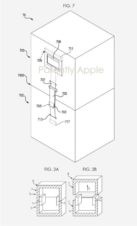 苹果专利图2A显示的包装为封闭配置，有块状支撑，但没有手把补偿机制；图2B显示了图2A在打开时的状态。