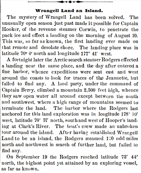 •1881年11月26日，《科学美国人》报道新登陆的弗兰格尔岛