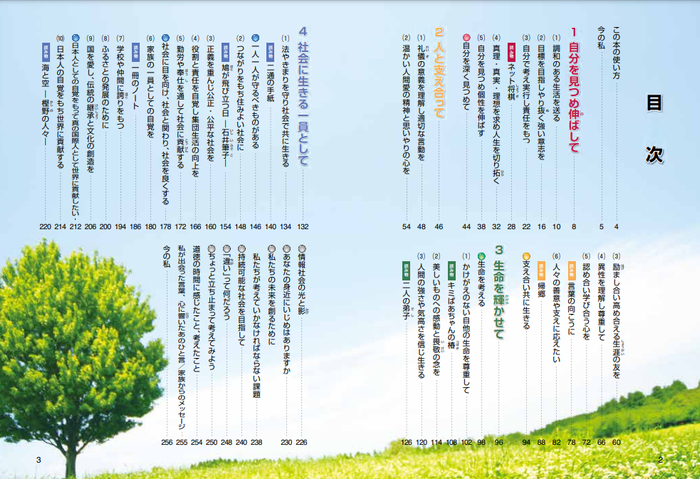 （廣済堂版《私たちの道徳　中学校》目录，本书为道德教科书未正式发行时的道德课过渡用书，图源：文部科学省官网）