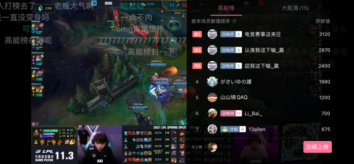 某比赛日LPL官方直播间打赏贡献榜